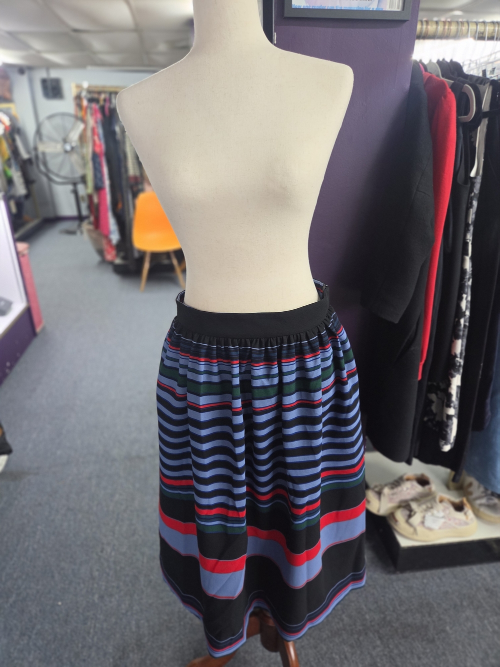 Zara Black, Blue and Red Striped Midi Skirt